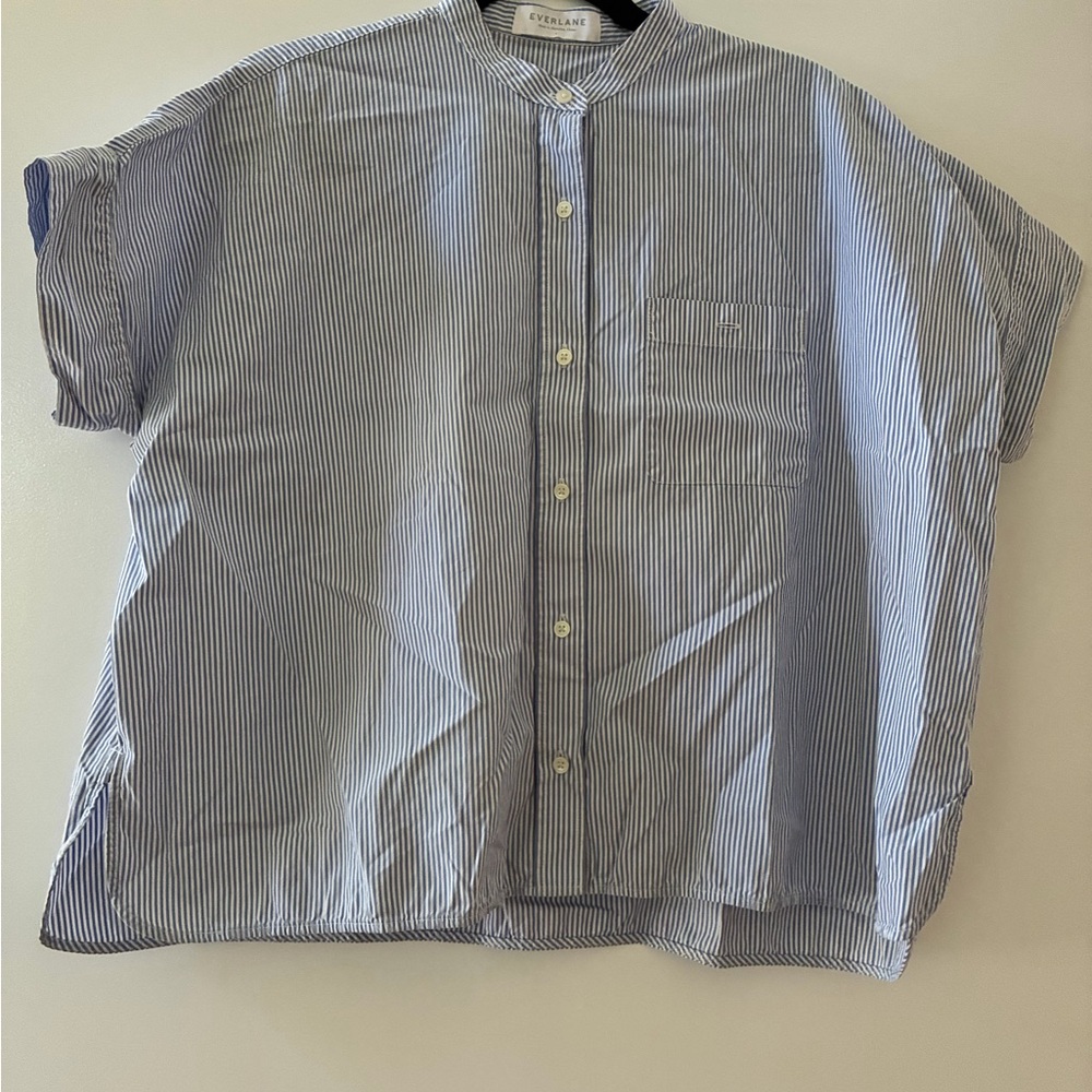 Everlane Navy and White Pinstripe Mandarin Collar Short-Sleeve Shirt